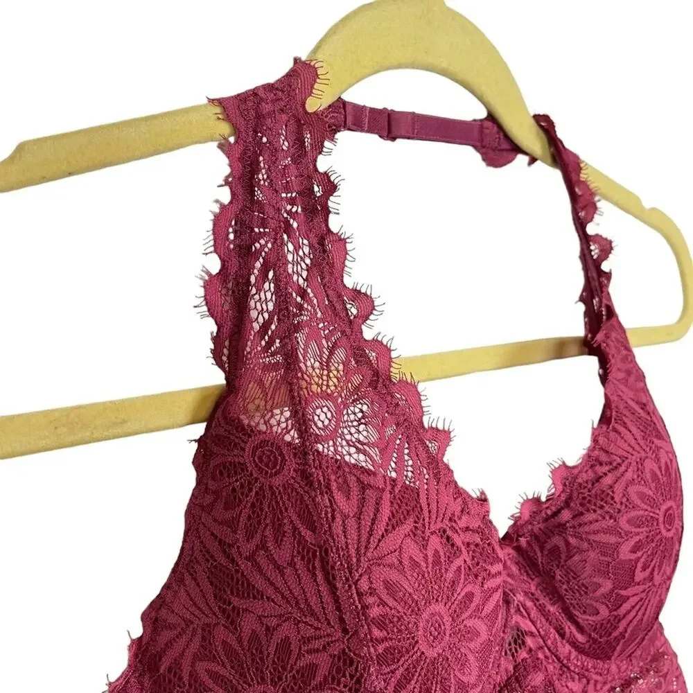 VICTORIA'S SECRET Pink Lace Floral Halter Lightly Lined BRALETTE Bra Underwire S